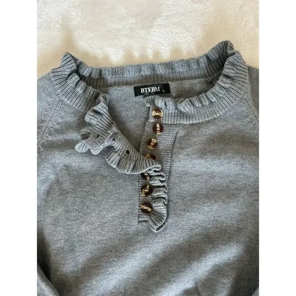 BTFBM Women’s Gray Knit Pullover Ruffle Button Sweater Size S - Picture 8 of 9
